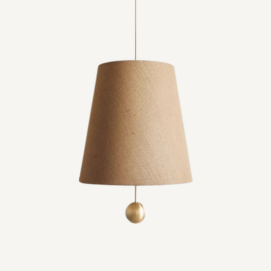 Margaux French linen pendant lamp angled view highlighting woven linen texture and brass hardware