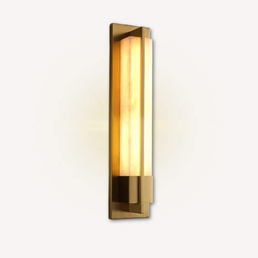 Angle view of VITTORIA single sconce copper wall lamp showing alabaster shade veining and hand-finished copper arm