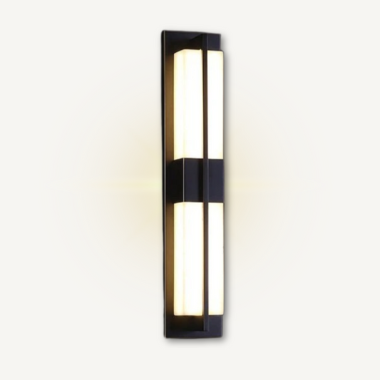 Angle view of VITTORIA double sconce copper wall lamp showing paired alabaster shades and polished copper arms