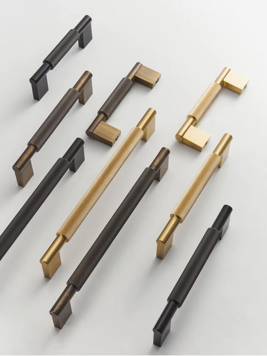 Side angle view of ISADORA knurled T-bar handle revealing textured grip and precise machined detailing