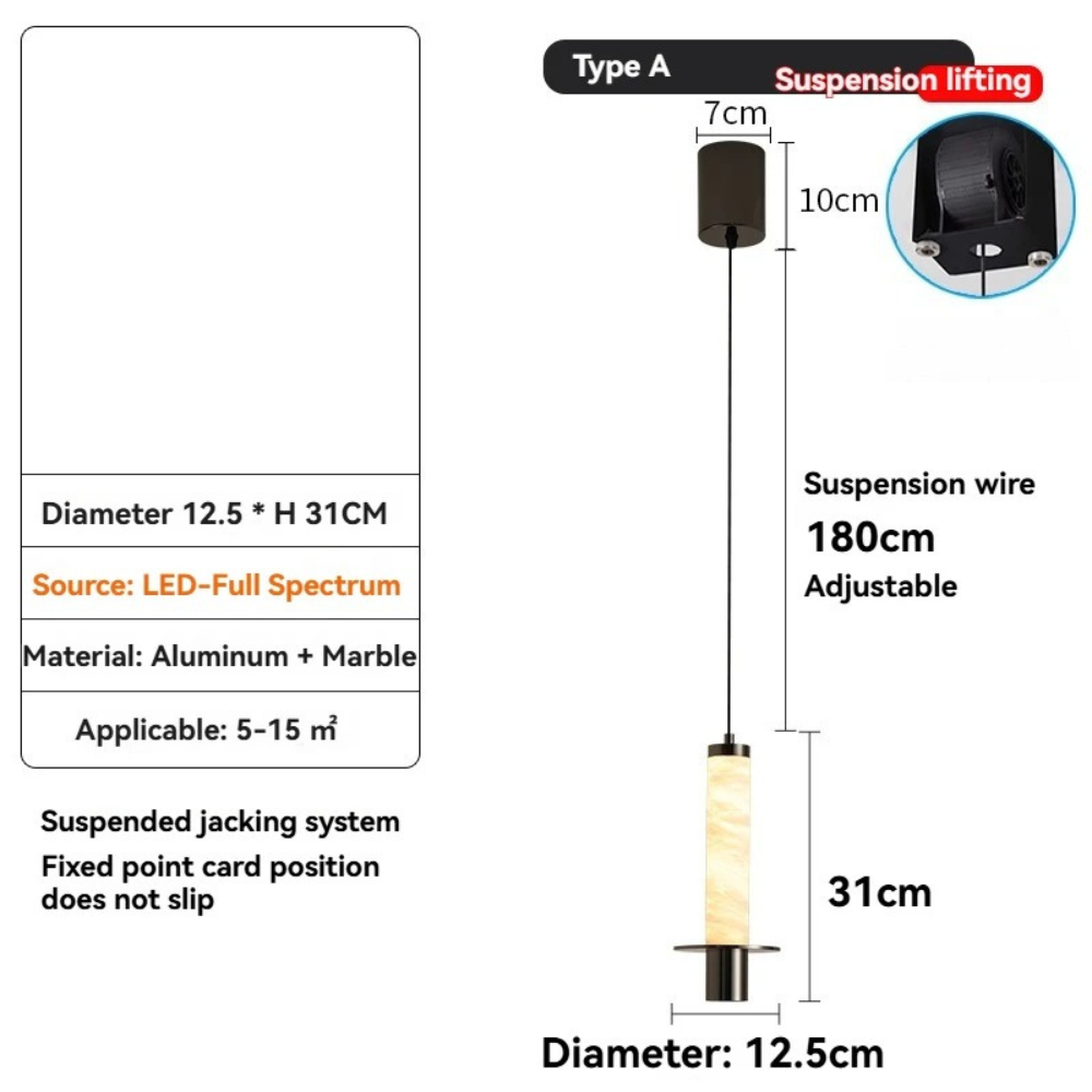 Dimensions diagram for SOFIA marble pendant light showing cable drop, shade diameter and overall height