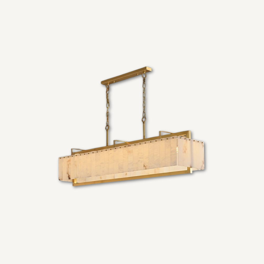 Rectangular brass marble pendant light — white alabaster shade with polished brass frame for dining rooms