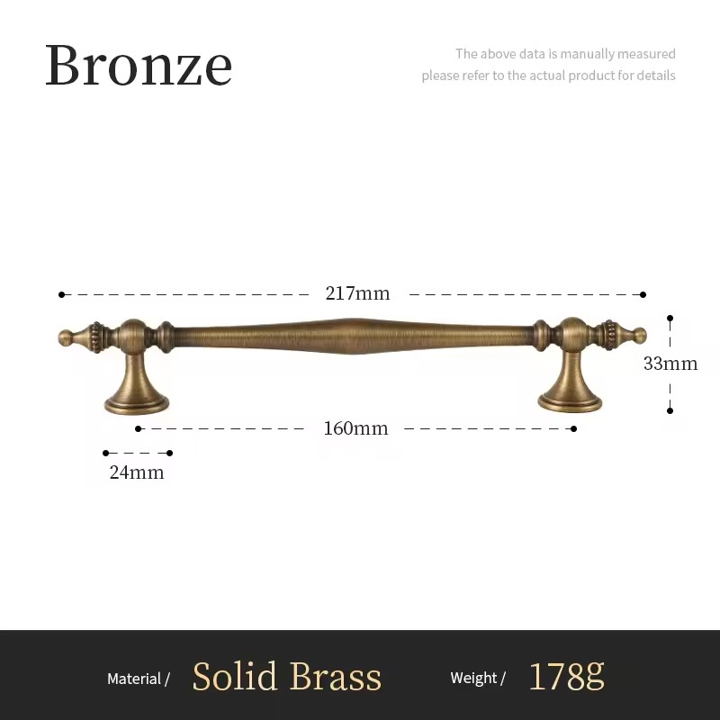 Dimensions diagram for ROSENDALE antique brass cabinet pull showing bail length and fixing centres