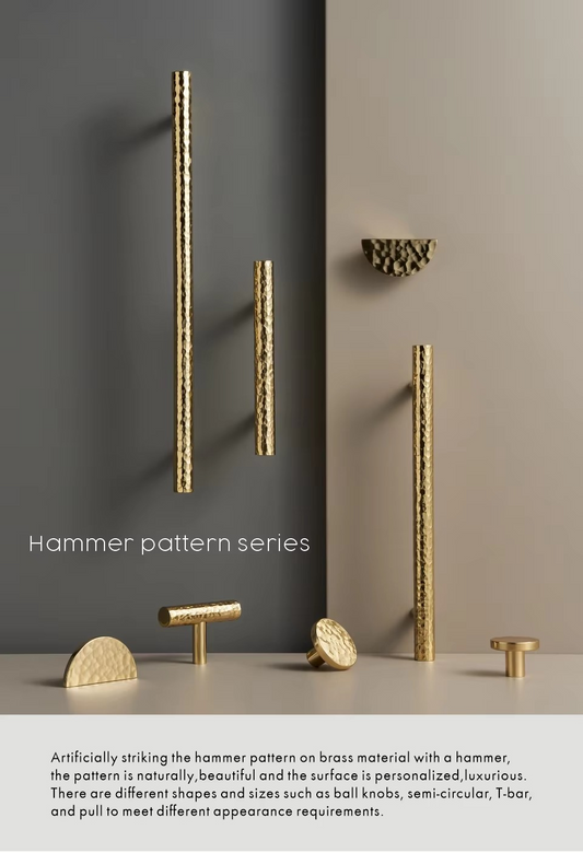 SERAPHINE hammered brass cabinet handles and knobs collection angled overview, full hardware range