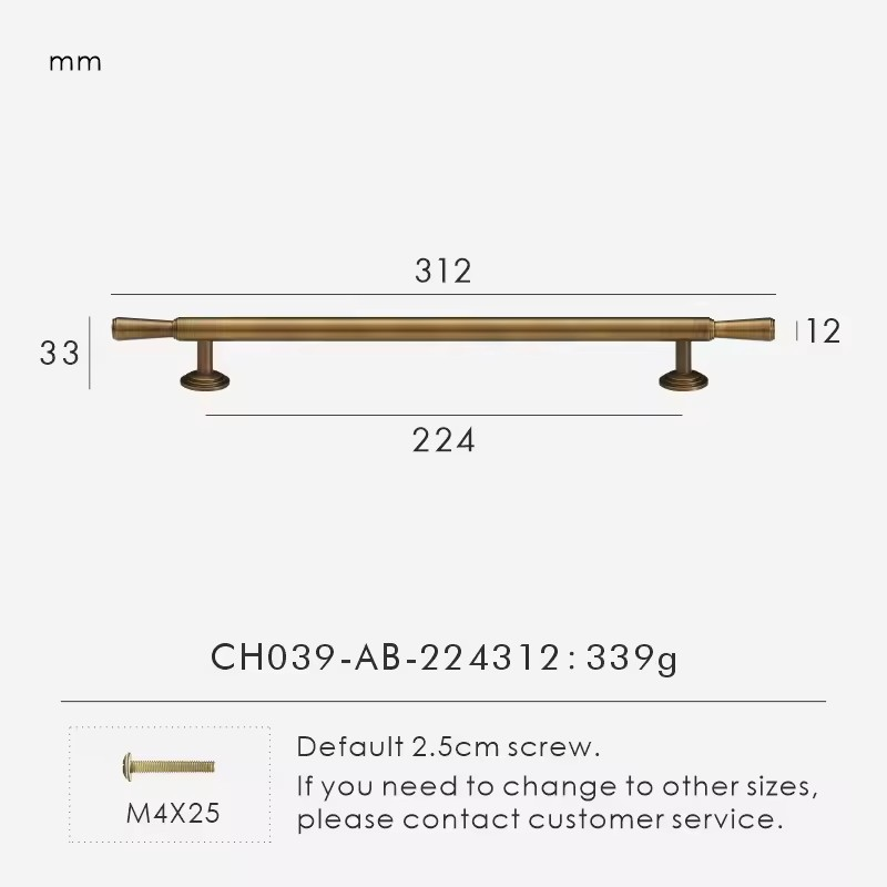 Dimensions diagram for ELOISE vintage solid brass T-bar handle with hole centre, length and projection