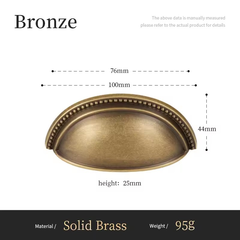 Close-up of LANCASTER cabinet shell handle showing sculpted antique bronze brass knob detail and fixing base
