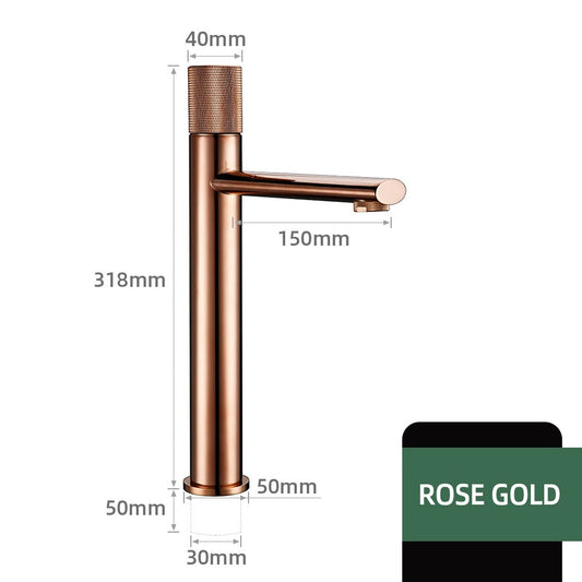 Rose gold knurled faucet side-angle showing lever handle and graceful spout