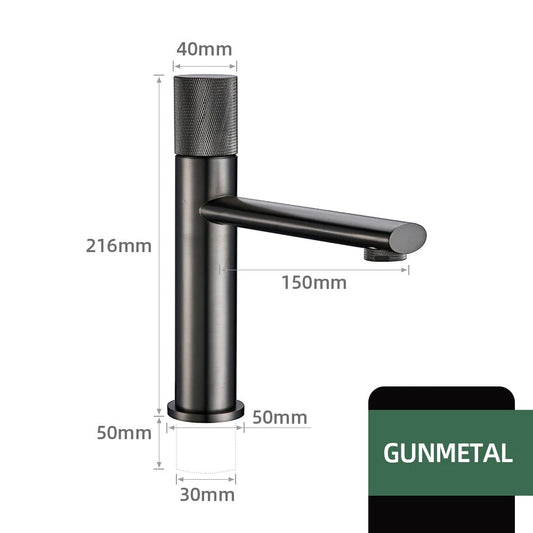 Gunmetal knurled faucet side-angle view showing lever and spout detail