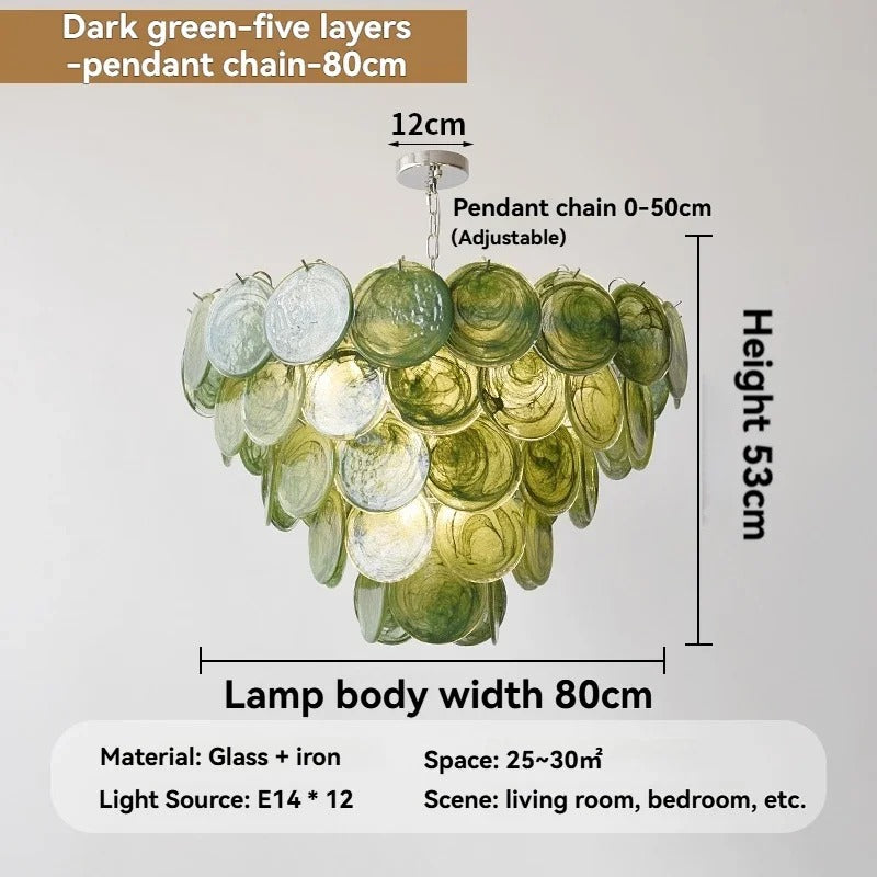 ISABELLE Murano green glass chandelier dimensions reference showing width, drop height and glass spread