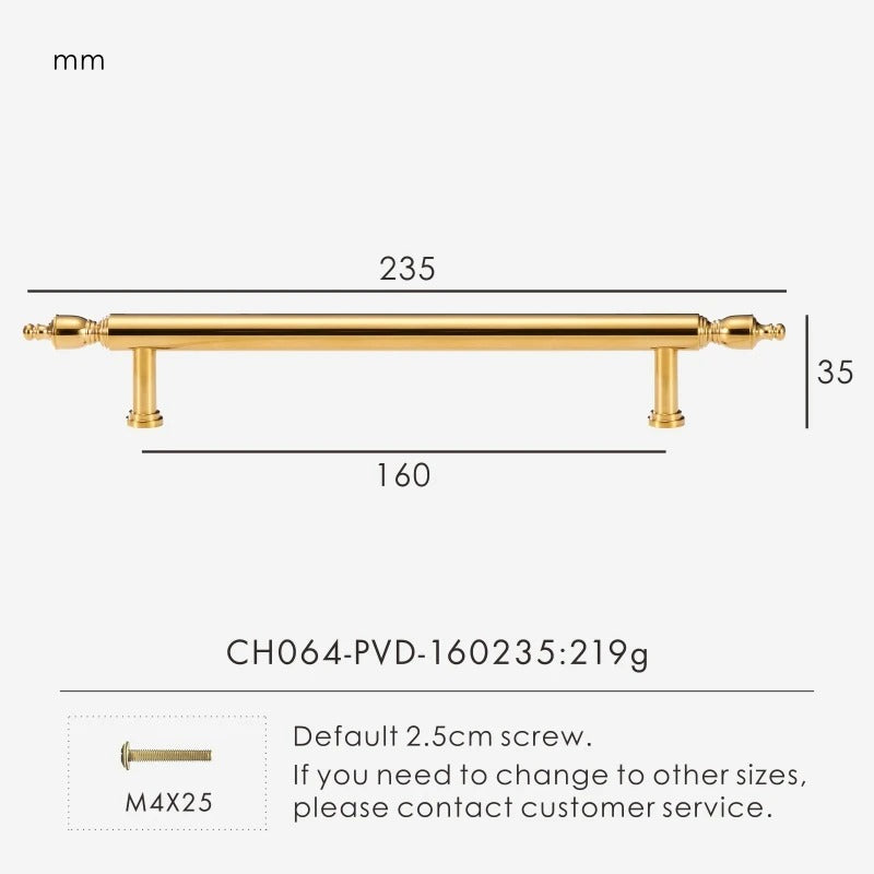 Dimensions diagram for ELLIOT solid brass cabinet knob and pull bar with all key measurements labelled