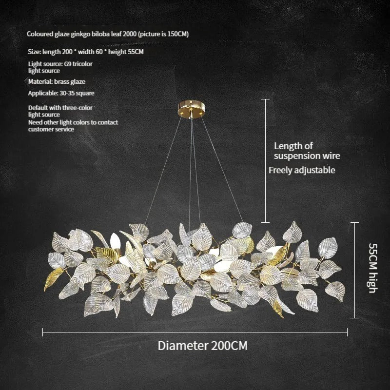 Dimensions diagram for SORA linear crystal copper chandelier showing lengths 1000mm to 1500mm with specifications