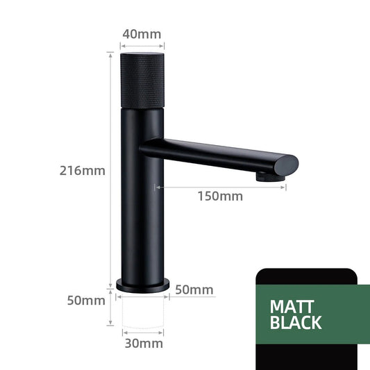 Matte black knurled faucet front-angle view showing lever and curved spout