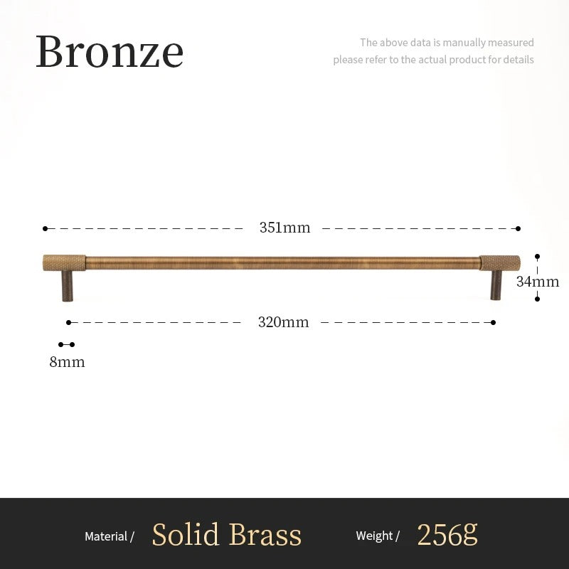 Dimensions diagram for ROAN cross-knurl cabinet hardware showing sizes for knob, T-bar and pull bar