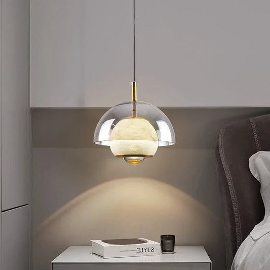 Lucia light alabaster pendant lamp angled view showing delicate stone texture and warm undertone