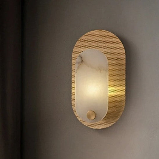 Marcello copper marble wall lamp angled view highlighting warm copper tone against ivory marble shade