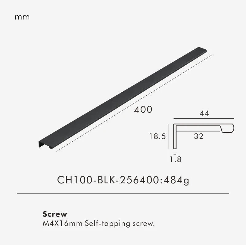Dimensions diagram for ERIN lip pull handle with overall length, recess width and projection depth