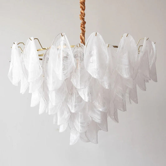 Vintage glass chandelier angled view showing the curved arms and frosted glass cups