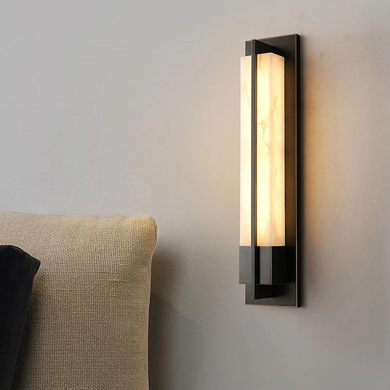 Detail close-up of VITTORIA single sconce copper fitting and alabaster shade junction showing precision craftsmanship