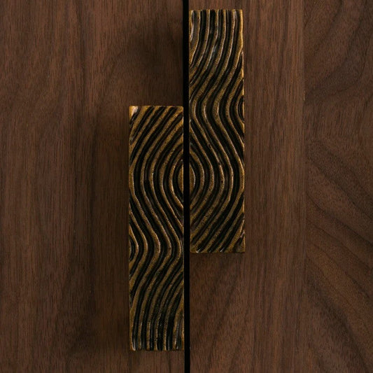 ROWAN vintage brass cabinet handle angled view showing rectangular profile and linear edge detail