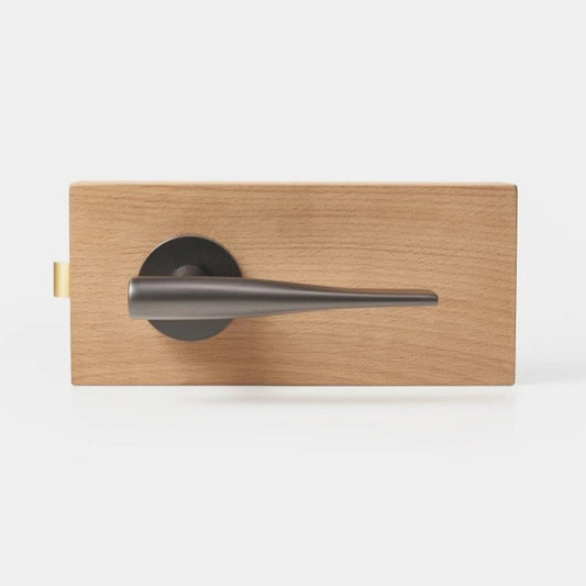 Gunmetal grey door lever handle close-up showing clean linear profile