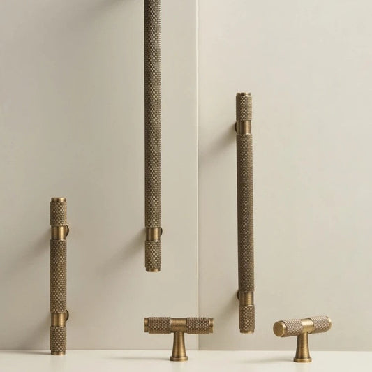 QUILL diamond-knurled T-bar cabinet pull photographed at an angle to highlight the cut-knurl texture