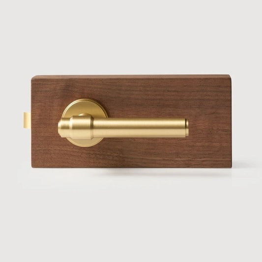 Antique brass lever door handle close-up showing precision-engineered mortise mechanism