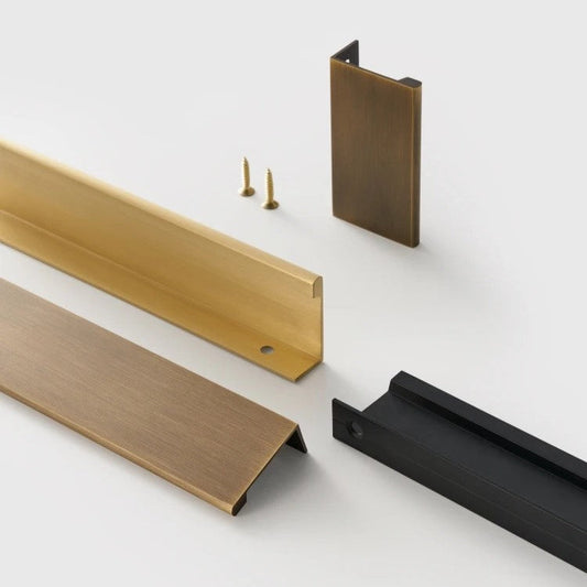 Erin lip pull angled to show the recessed channel depth and the clean machined brass body