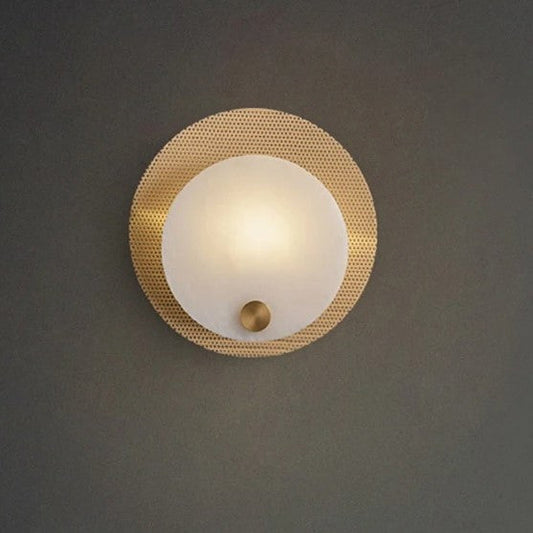 MARCELLO round wall lamp angled view showing copper wall arm and natural marble drum shade