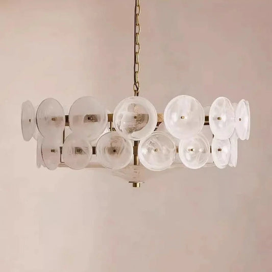 ALESSANDRO chandelier angled view showing layered Murano glass pendants