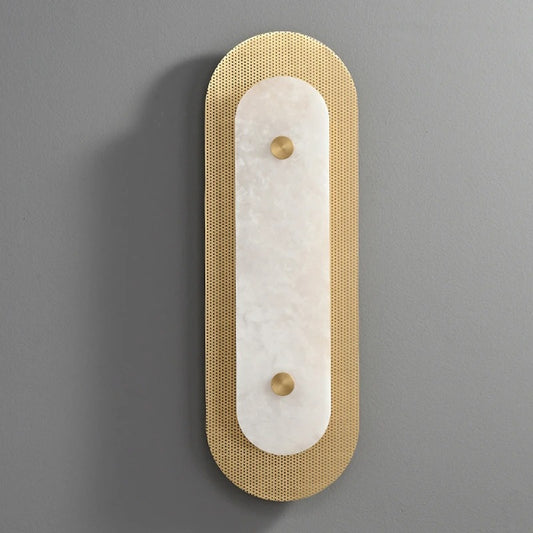 Marcello copper marble linear wall lamp angled view showing warm copper hardware and stone shade