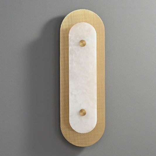 Marcello copper marble linear wall lamp angled view showing warm copper hardware and stone shade