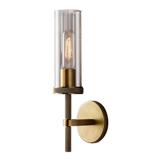Cassian brass wall lamp viewed at side angle showing arm reach and shade angle