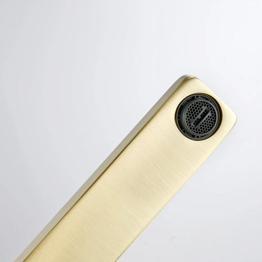 Angled view of LEONARD matte black faucet highlighting powder-coated surface and contemporary lever form