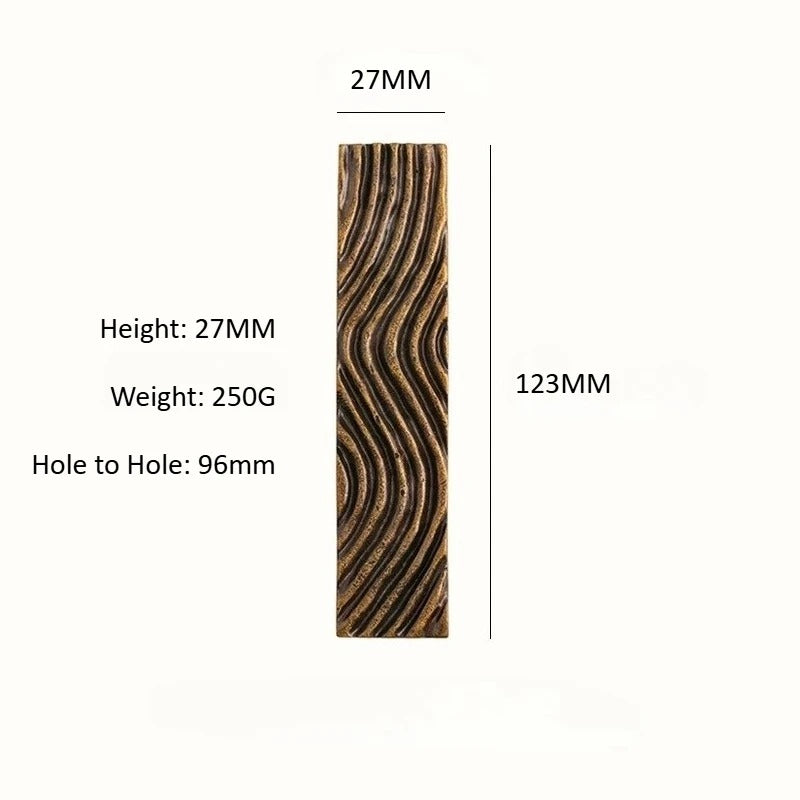 Dimensions diagram for ROWAN vintage line brass cabinet handle showing overall length, height and fixing centres