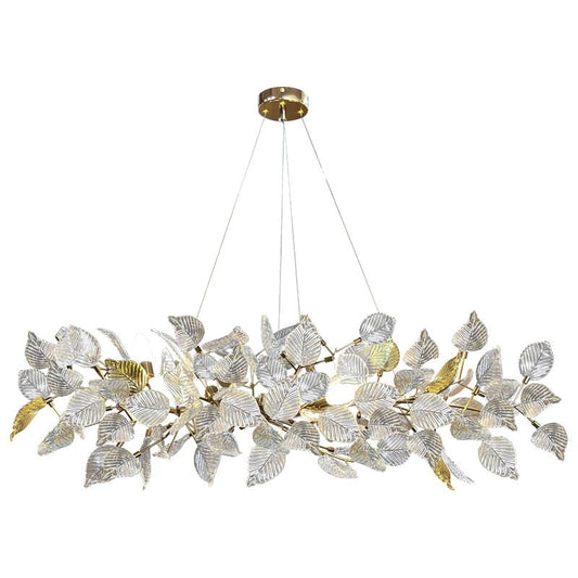 Angle view of SORA circular crystal copper chandelier showing tiered crystal arrangement for grand living room or hallway