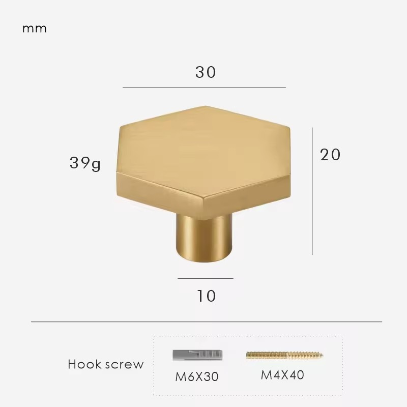 Close-up detail of hexagon solid brass knob surface texture and geometric faceted profile