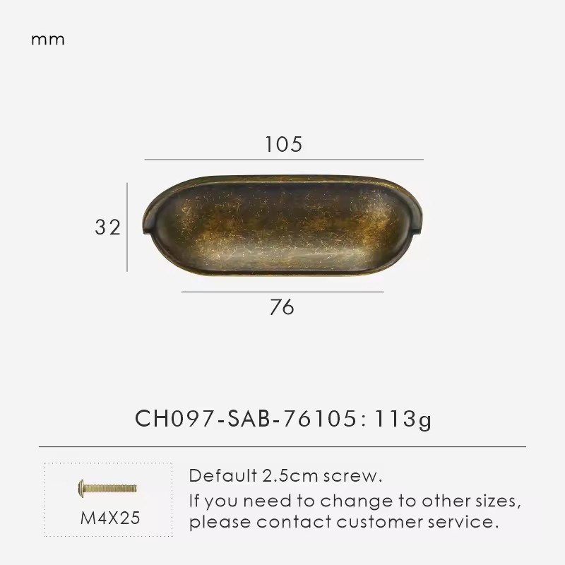 Dimensions diagram for EVERTON vintage distressed brass cup handle knob with width, depth and fixing centres