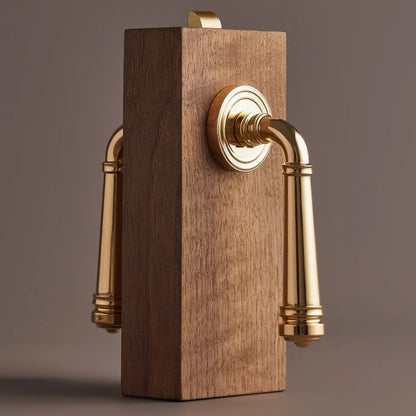 Polished bright gold solid brass door handle installed on luxury interior bedroom door