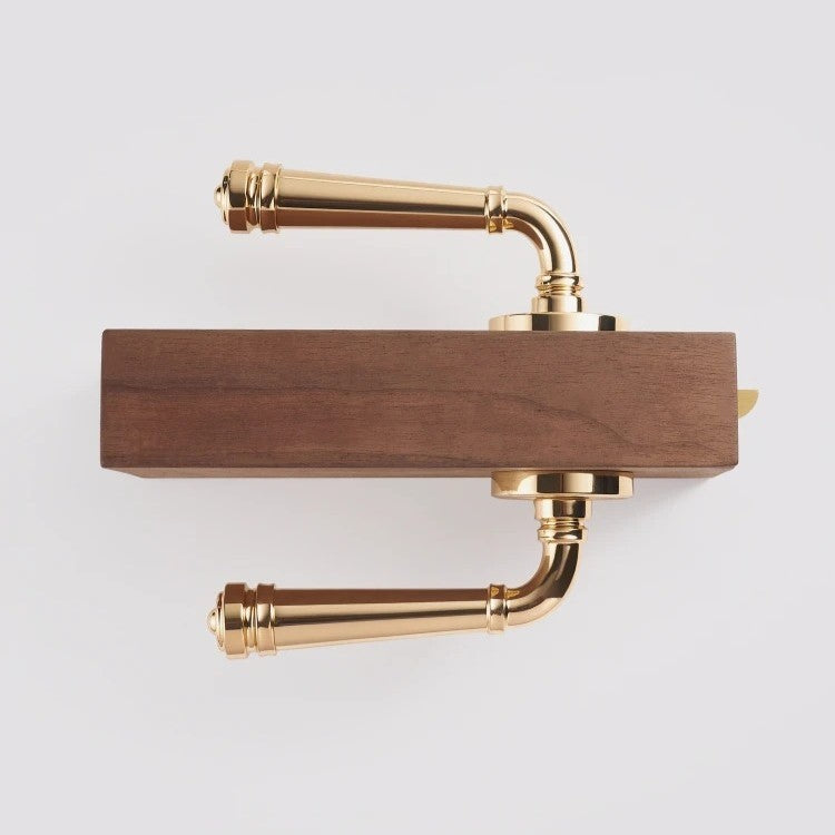 Detail of solid brass lever in polished gold showing tarnish-resistant protective coating