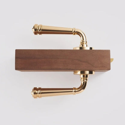 Detail of solid brass lever in polished gold showing tarnish-resistant protective coating