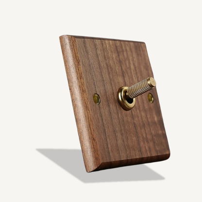 Black walnut wood toggle switch with knurled brass lever — retro-style 1-gang wall switch