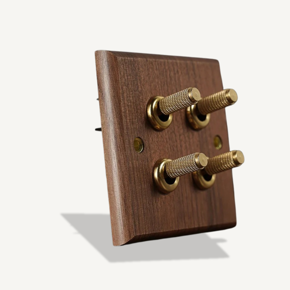HALSTON 4-gang black walnut toggle switch with knurled brass lever for luxury home