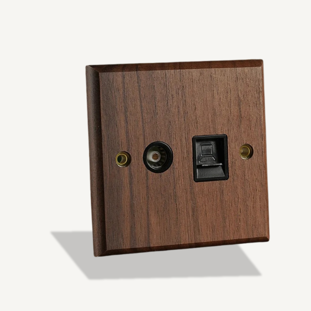 Walnut wood toggle switch styled in modern rustic bedroom with warm lighting