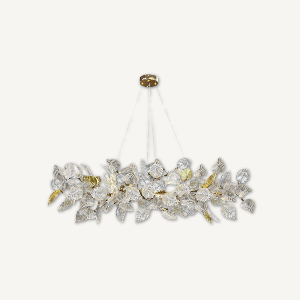SORA linear crystal copper chandelier hero shot on white background, Japandi-style pendant light
