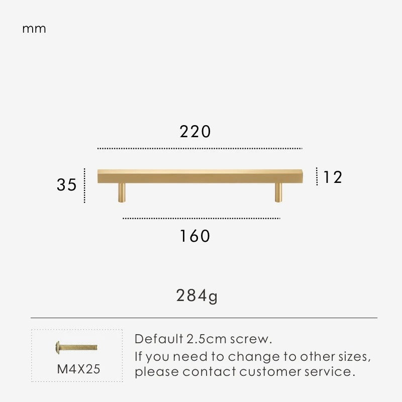 Dimensions diagram for REGENT solid brass square pull handle 220mm with hole spacing and depth
