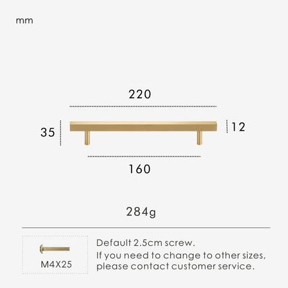 Dimensions diagram for REGENT solid brass square pull handle 220mm with hole spacing and depth