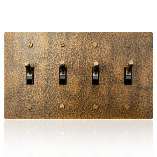 Hammered 4-Gang Toggle Switch | Solid Brass Wall Plate