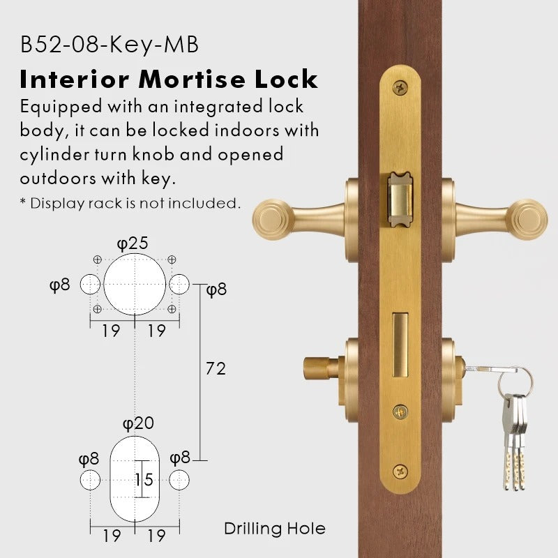 Matt brass architectural lever handle with keyed mortise entry for bedroom doors