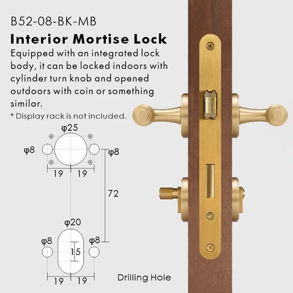 Solid brass lever door handle in matt brass finish — mortise lock configuration