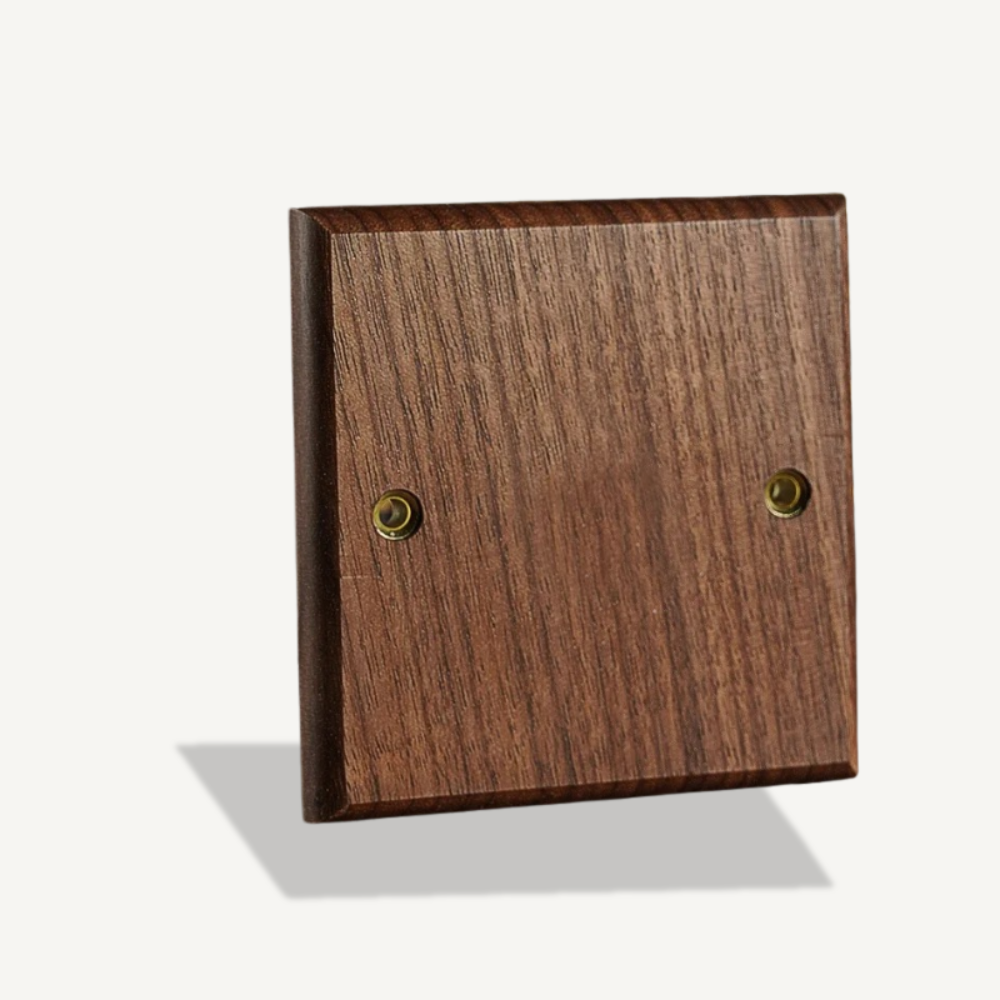Black walnut switch plate paired with matching walnut TV socket and dimmer switch